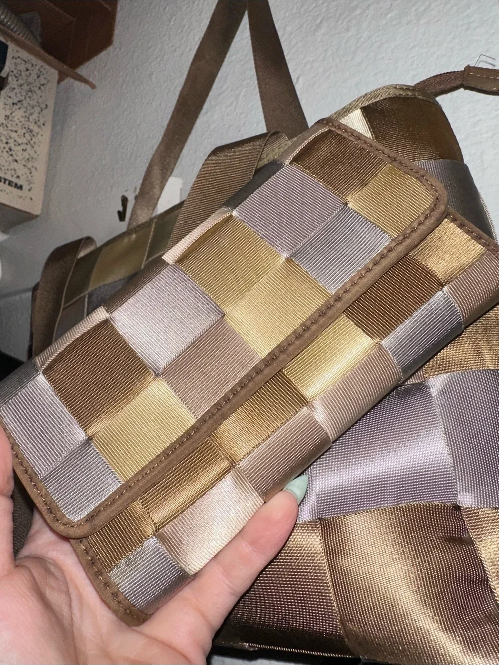 Woven Seatbelt like Tote purse Satin in side and Wallet Set in Tan and Grey